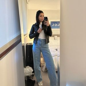 Black leather bomber jacket